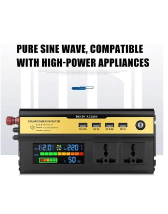 محول طاقة شمسية عالي الطاقة 2200 واط DC12V-AC220V، عاكس موجة جيبية، مروحة تبريد مدمجة، منافذ تيار متردد ومنافذ شحن USB مثالية