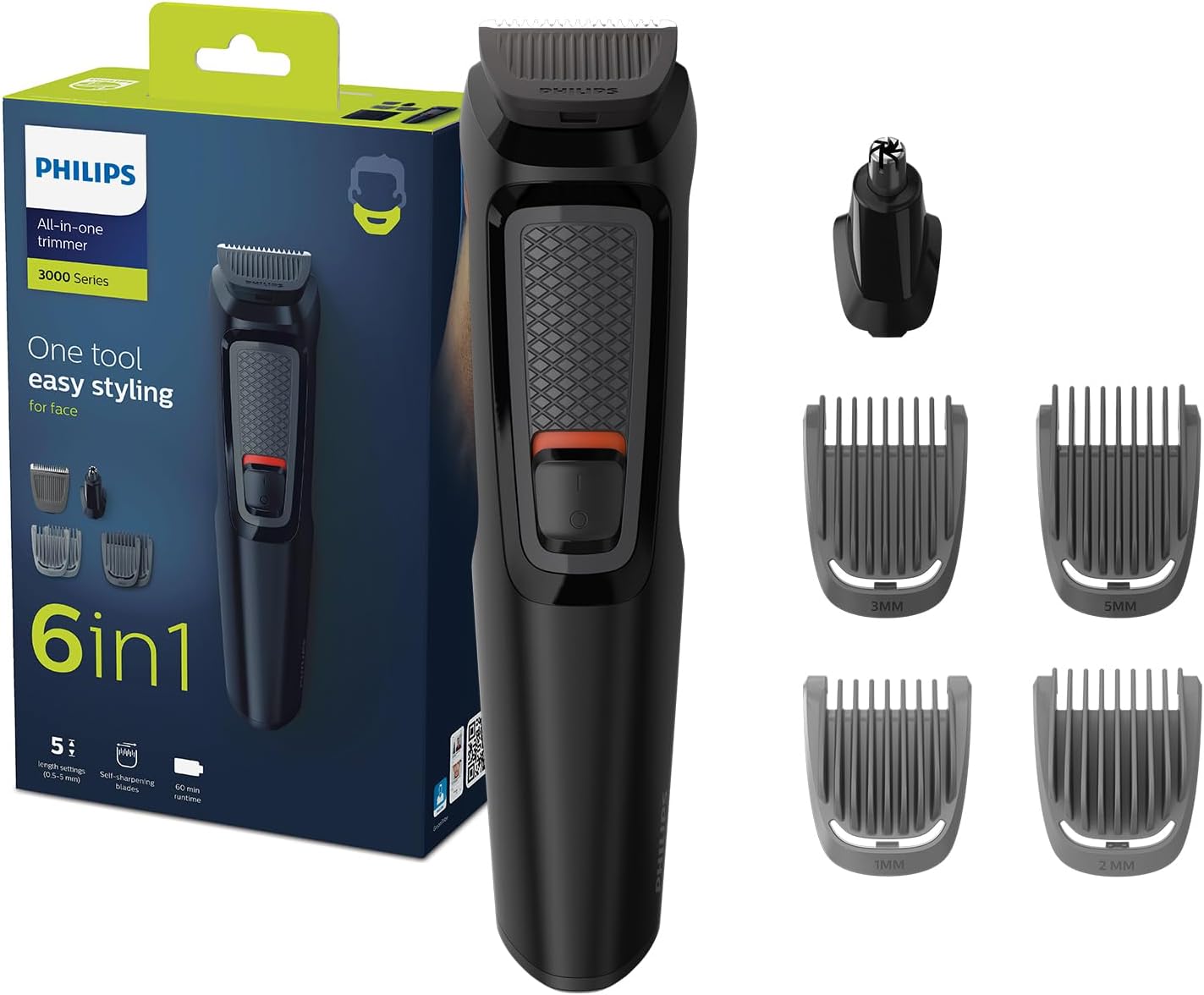 Multigroom 3000 MG3710/33 6-in-1 Beard And Face Trimmer Maintenance-Free Blades, No Oil Needed 60min Cordless Use Nose And Ear Trimmer, Beard And Stubble Combs Storage Pouch Included Black
