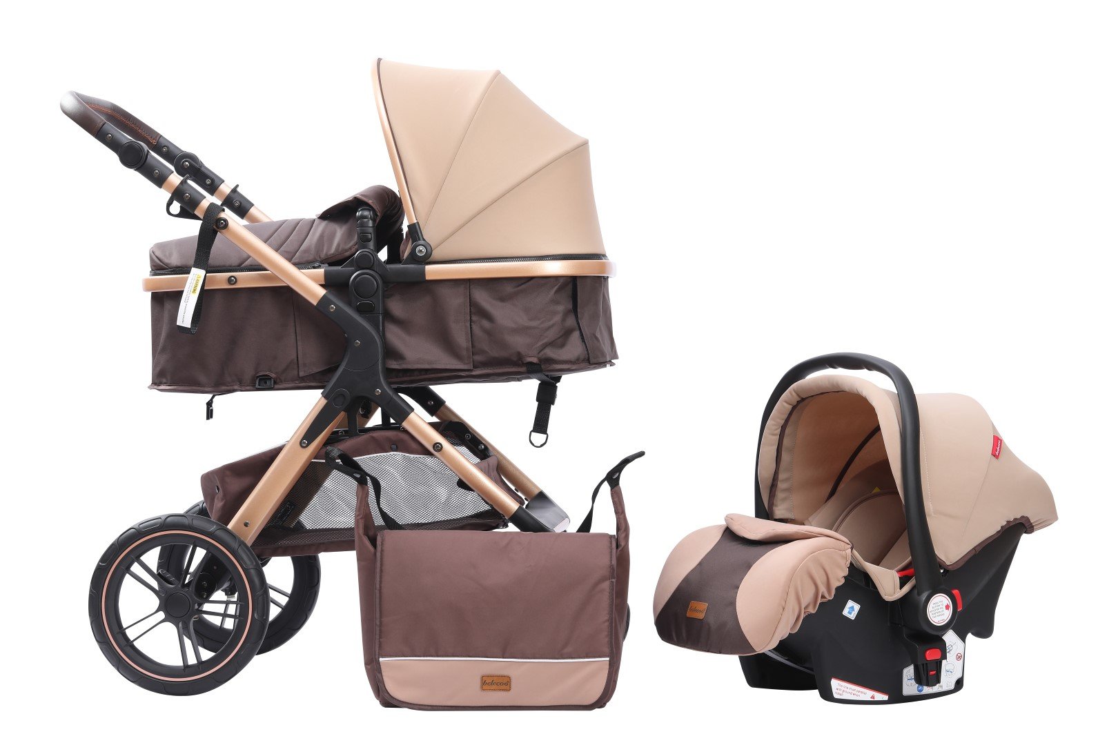 Belecoo Pram Stroller With Car Seat  3 In 1 Travel System  Khaki