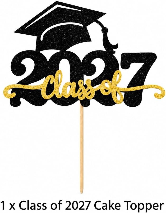 Mirfa Graduation Cake Topper – Black & Gold Glitter Cap Design, Reusable Party Decoration for Graduation Cakes & Dessert Tables