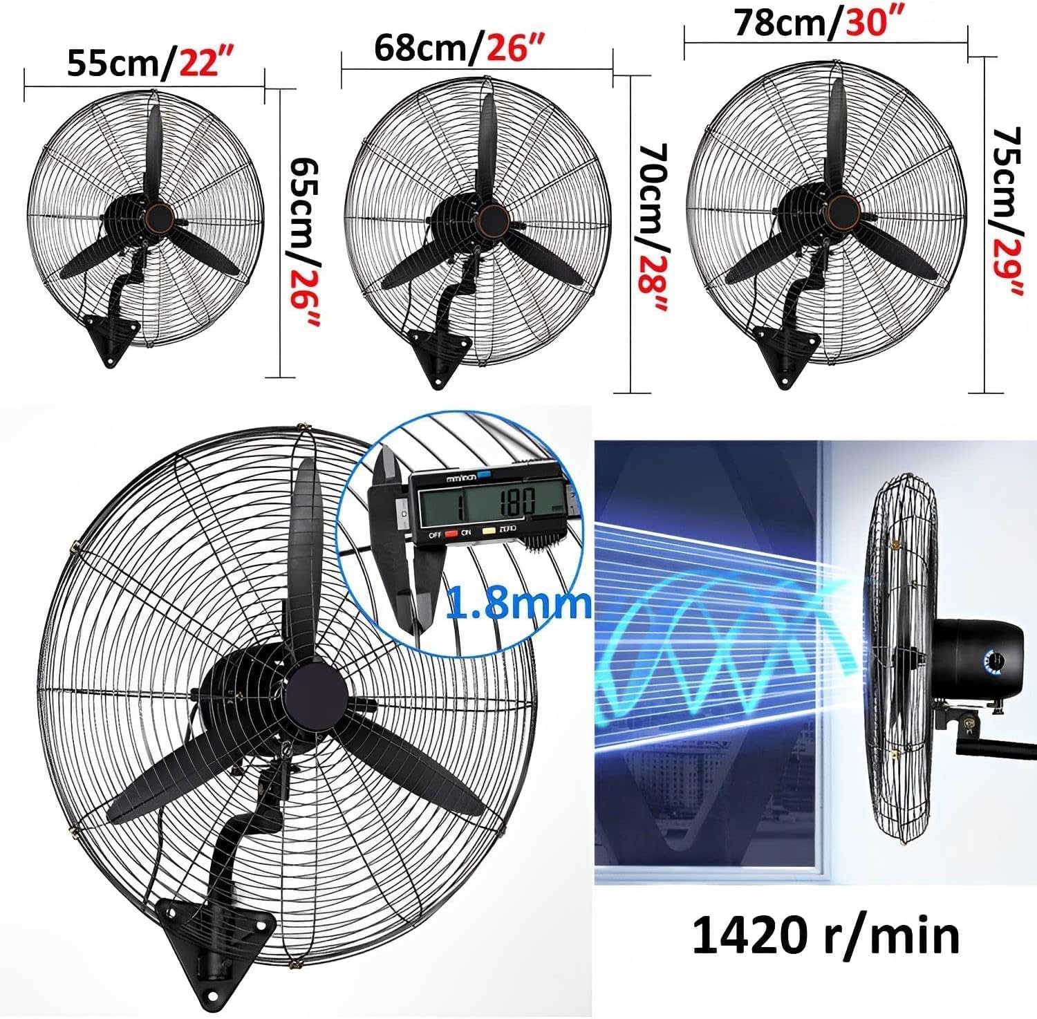 26 Inch Industrial High Power Wall-mounted Fan,Retro Wall Fan Air cooler Oscillating Exhaust Fan,for Office Commercial and Restaurant For Workshop...