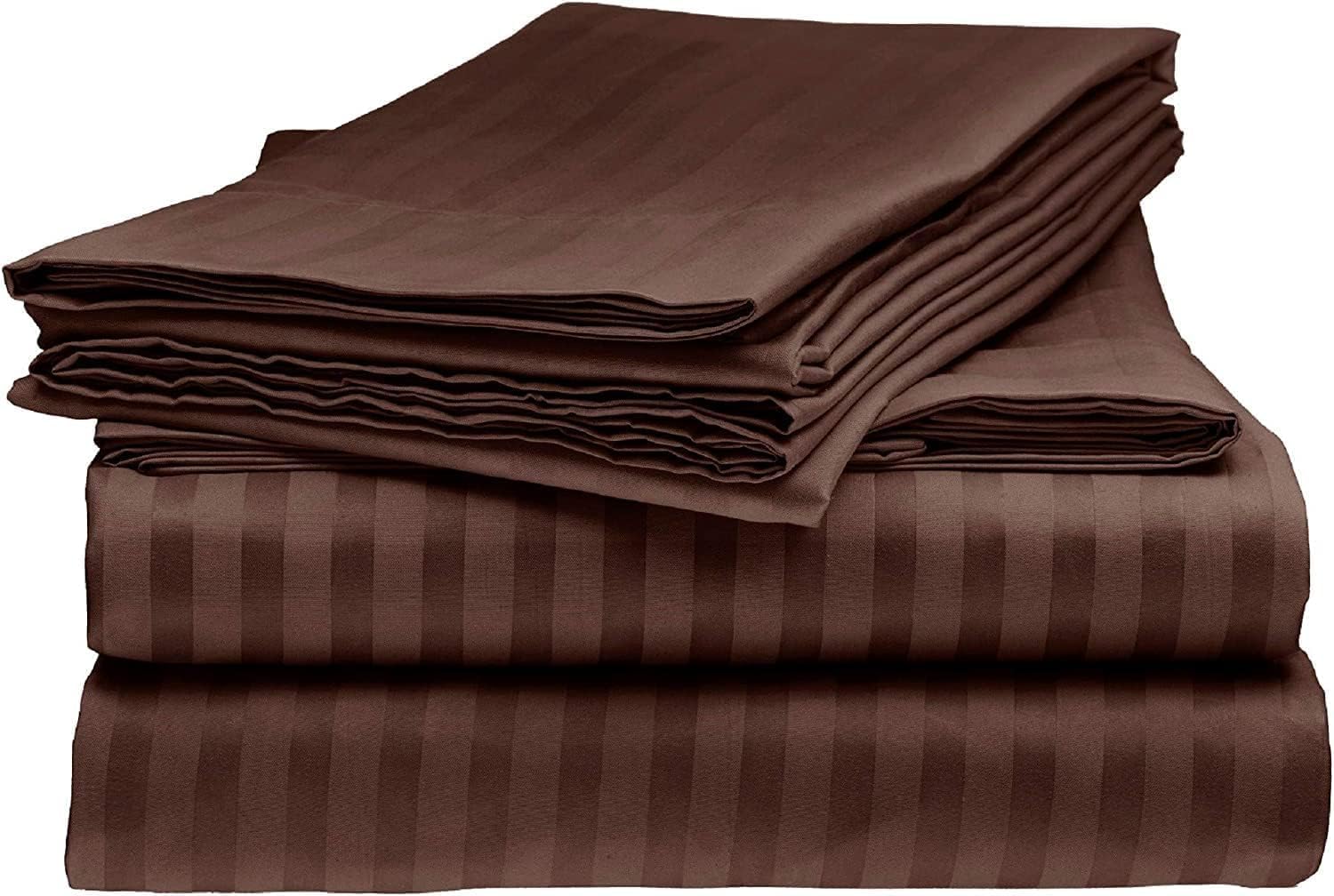 e World Luxurious Bedsheet Set – Striped Bedsheet Set (220x240cm) - 3 Piece Set with 1 Flat Sheet and 2 Pillowcases (50x70cm) - Soft and Breathable for All Seasons.(Dark Brown, Double Bedsheet)