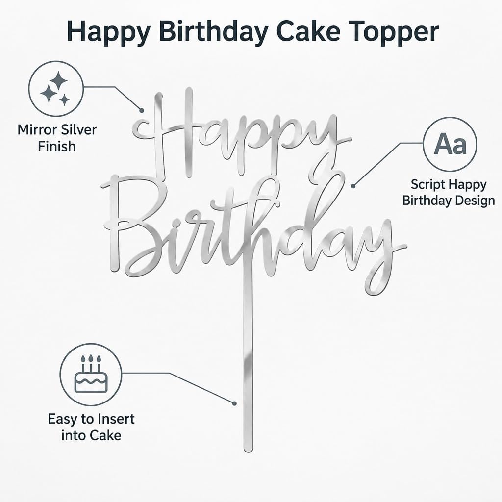 Mirfa Happy Birthday Cake Topper, Acrylic Script Cake Decoration, 10 x 12 cm, for Birthday Cakes, Party & Dessert Table Decor (1 Piece)
