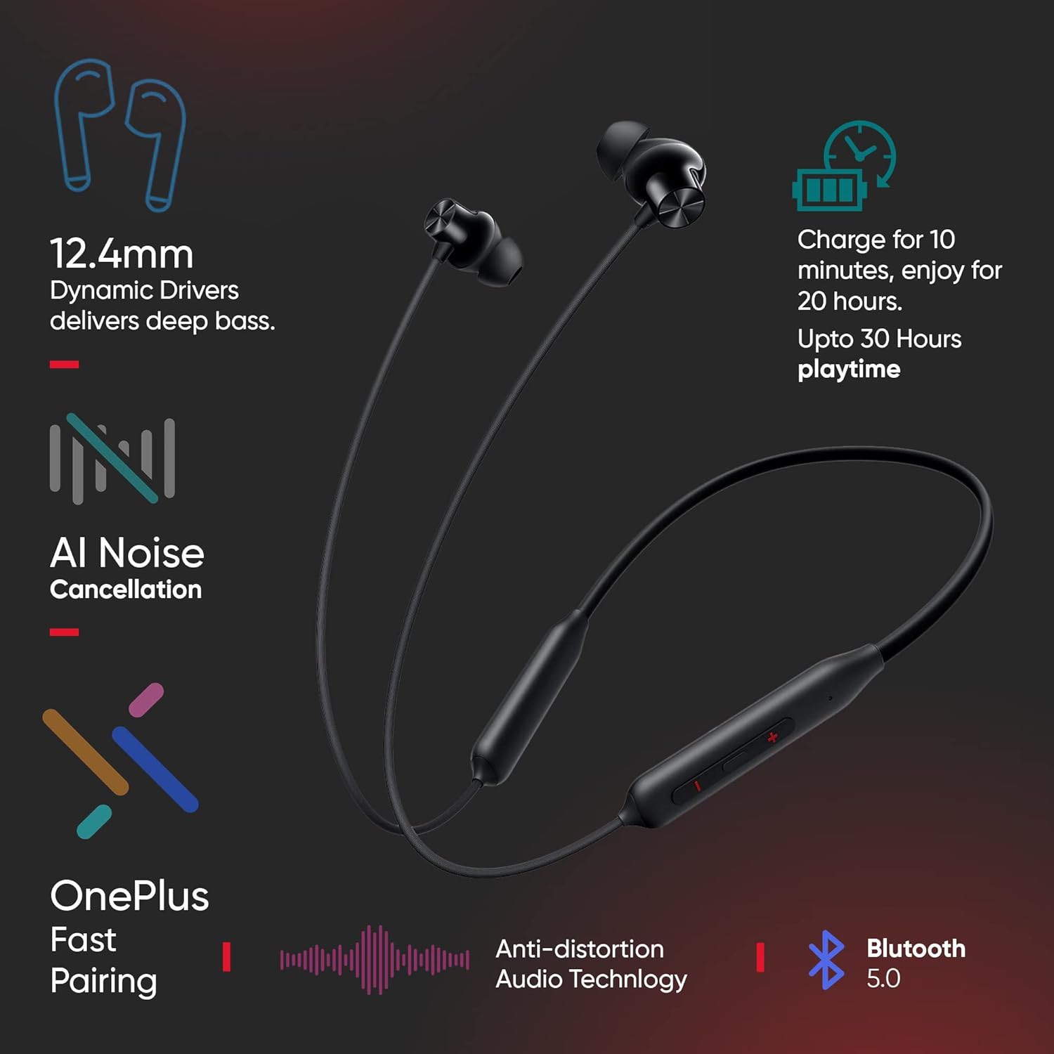 OnePlus Bullets Wireless Z2 Bluetooth 5.0 in Ear Earphones, Bombastic Bass – 12.4 mm Drivers, 30 Hrs Battery Life (Magico Black)