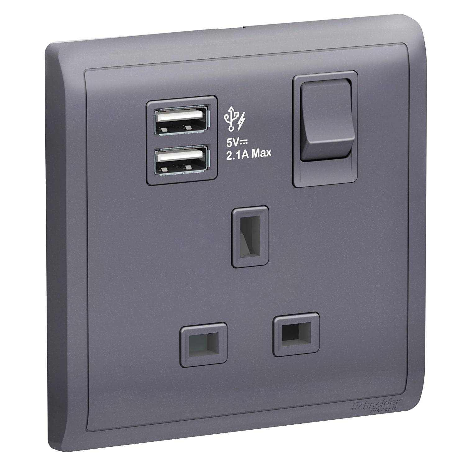 Schneider Electric Pieno 13A 1 Gang Switched Socket with 2.1A USB, Lavender Silver - E8215USB_LS_G11 - Pack of 3