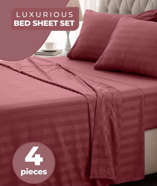 4-Piece Luxury King Size Maroon Striped Bedding Set Includes 1 Duvet Cover (220x240cm), 1 Fitted Bed Sheet (200x200+30cm), and 2 Pillow Cases (48x74+5cm) for Ultimate Hotel-Inspired Sophistication