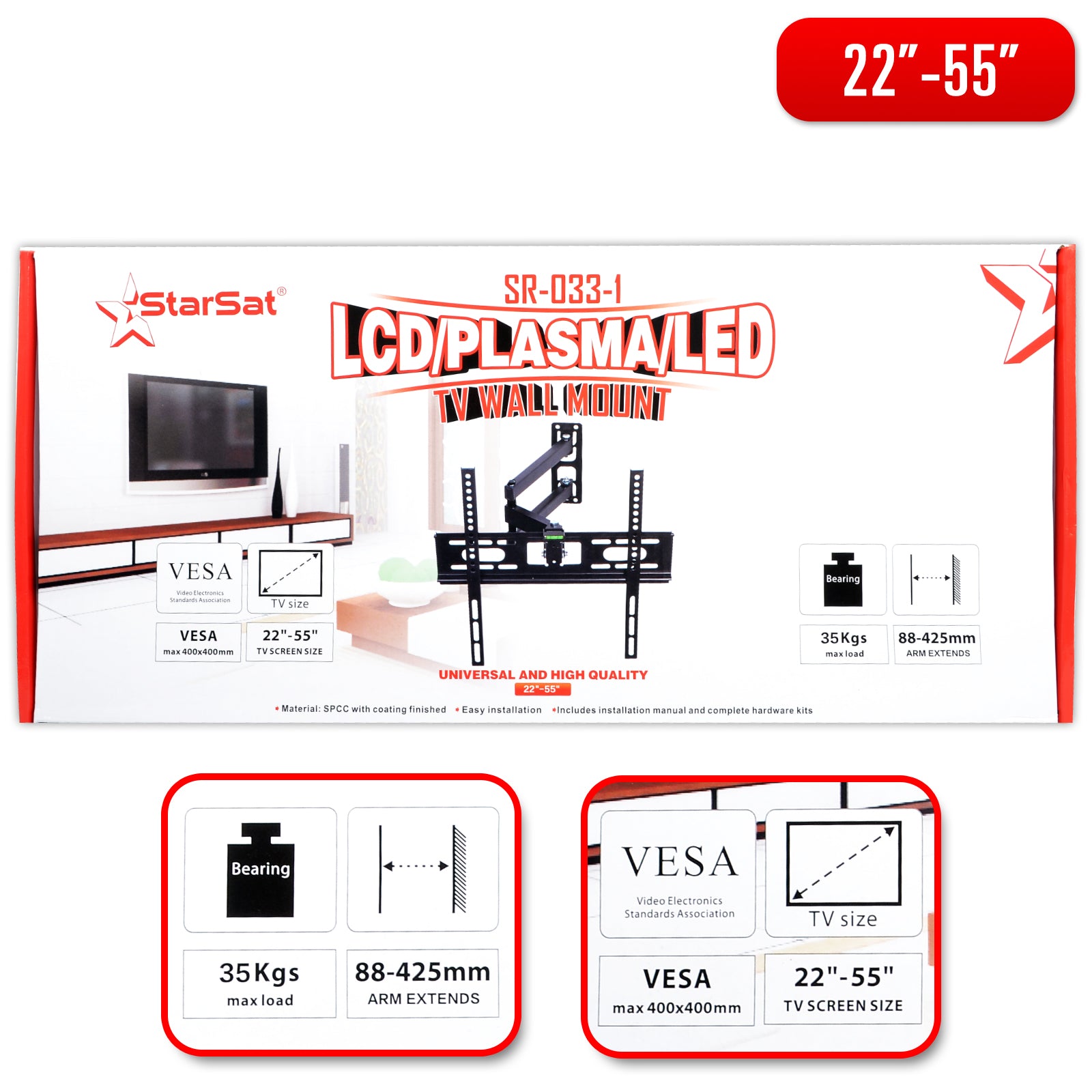 StarSat-033-1 Universal LCD, Plasma, LED TV Wall mount 22" - 55" TV