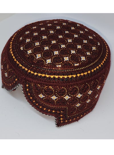 Traditional Sindhi Cap Topi is known as The Sindhi Kufi Handmade Woven Embroidery Use By Sindhis in Pakistan Essential Part Of Saraiki And Balochi Culture In Broun with Gold