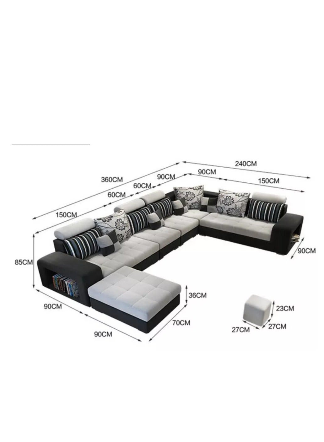 Simple Leisure Fashion Fabric Combination Living Room Sofa Set L Shape Grey 7 Seaters 360X90X85
