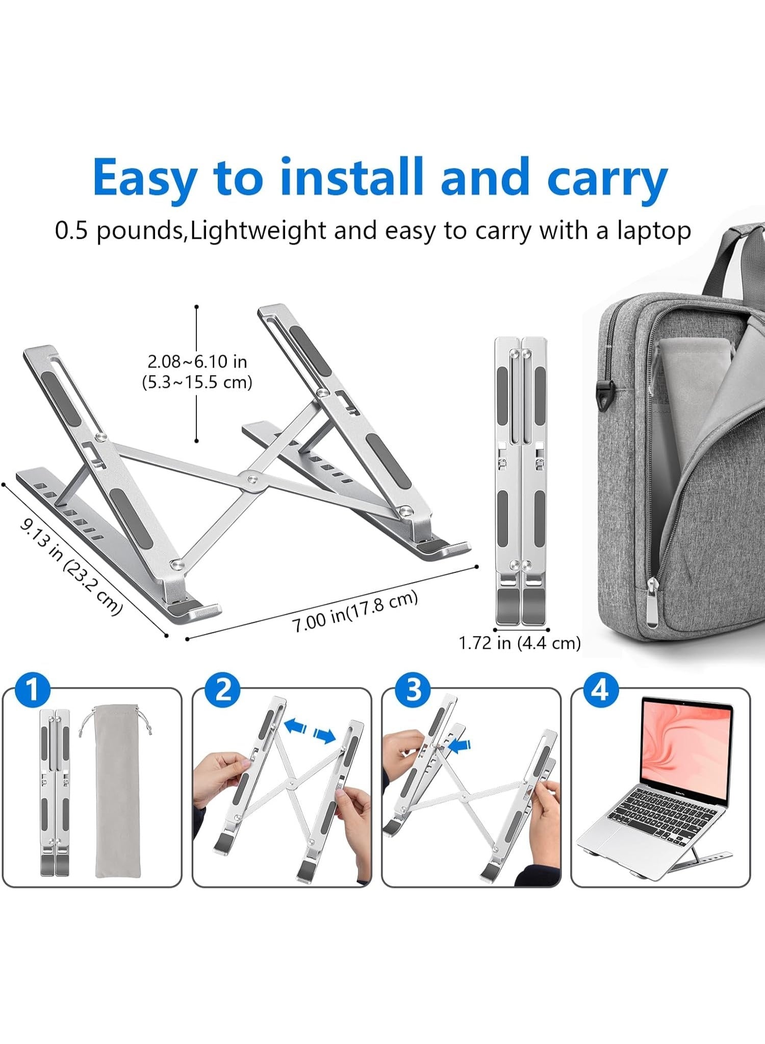 Eworld Laptop Stand for Desk – Aluminum Adjustable & Foldable Notebook Holder, Ergonomic Computer Riser with 7 Angles, Cooling Ventilation, Compatible with 10–15.6 Inch Laptops & Tablets (Silver)