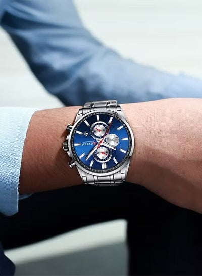 Curren 8368 Men's Water Resistant Leather Chronograph Quartz Watch - Silver/Blue