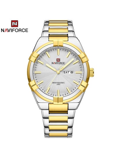 NAVIFORCE Watch for Men Waterproof 2023 Fashion Casual Steel Strap Watches Gold with Double Calendar Luminous hands Display Quzrtz Wristwatch NF9218