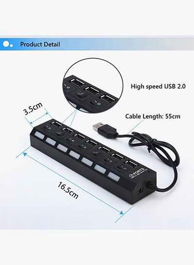 منفذ USB HUB بـ 7 منافذ 2.0 عالي السرعة مع مفتاح تشغيل/إيقاف ومحول مصباح LED