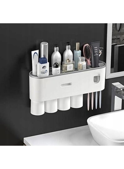 Toothbrush Holder Wall No Drilling Toothpaste Dispenser with 4 Cups 6 Toothbrush Holder