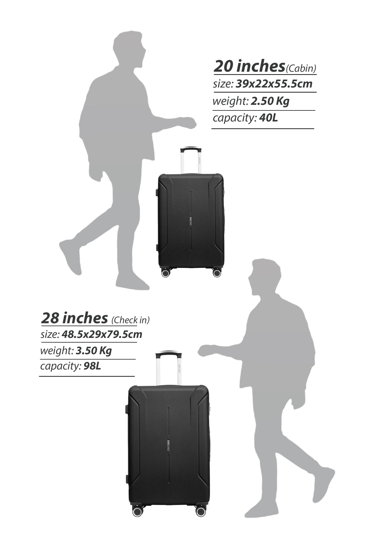20-Inch Cabin Size ABS Hardside Spinner Luggage Trolley | 10KG Lightweight 4-Wheel Suitcase Black