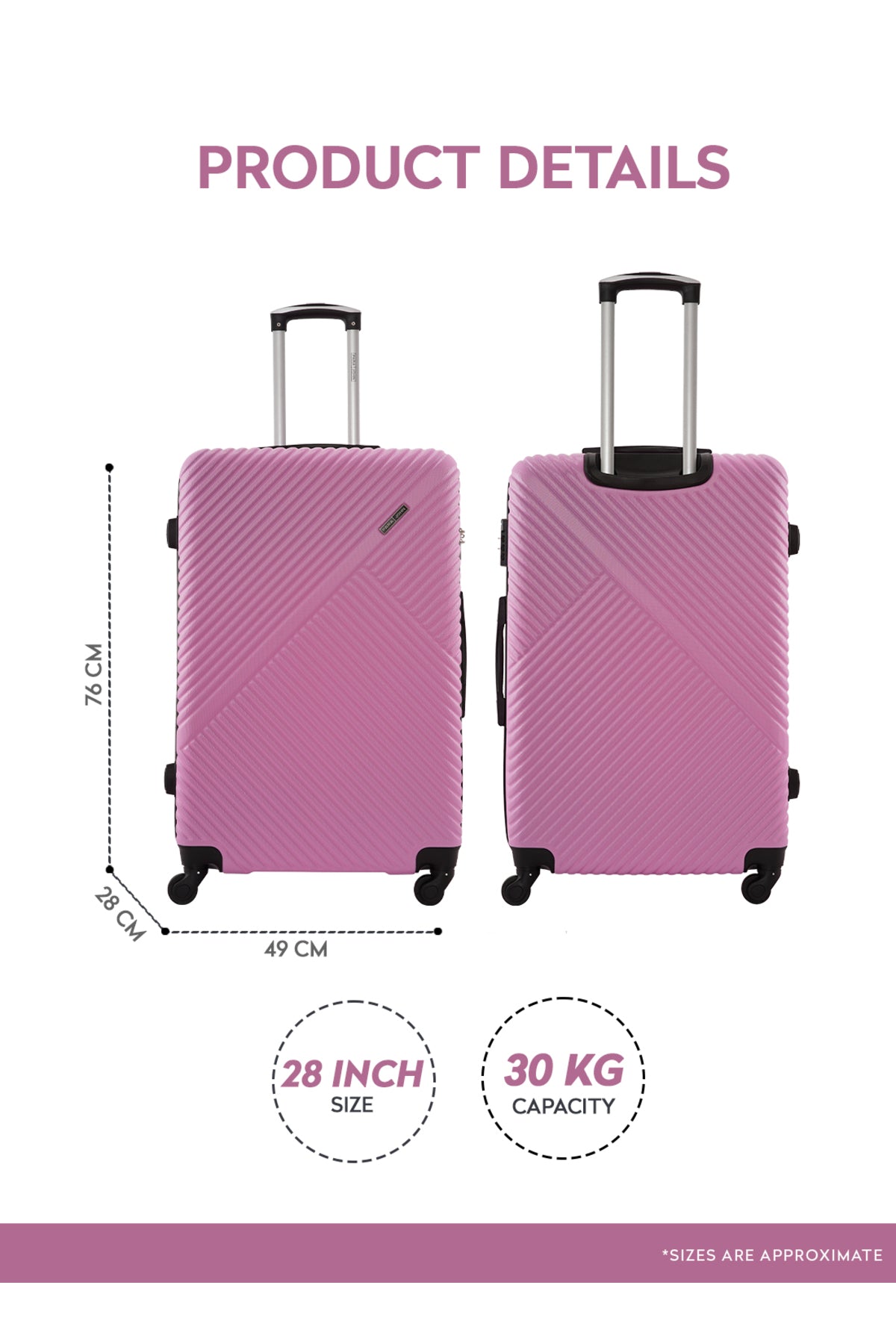 Aura Medium ABS Checked-In Hardside Luggage – Lightweight 20kg, 4-Wheel Spinner, 24 Inch, Pink