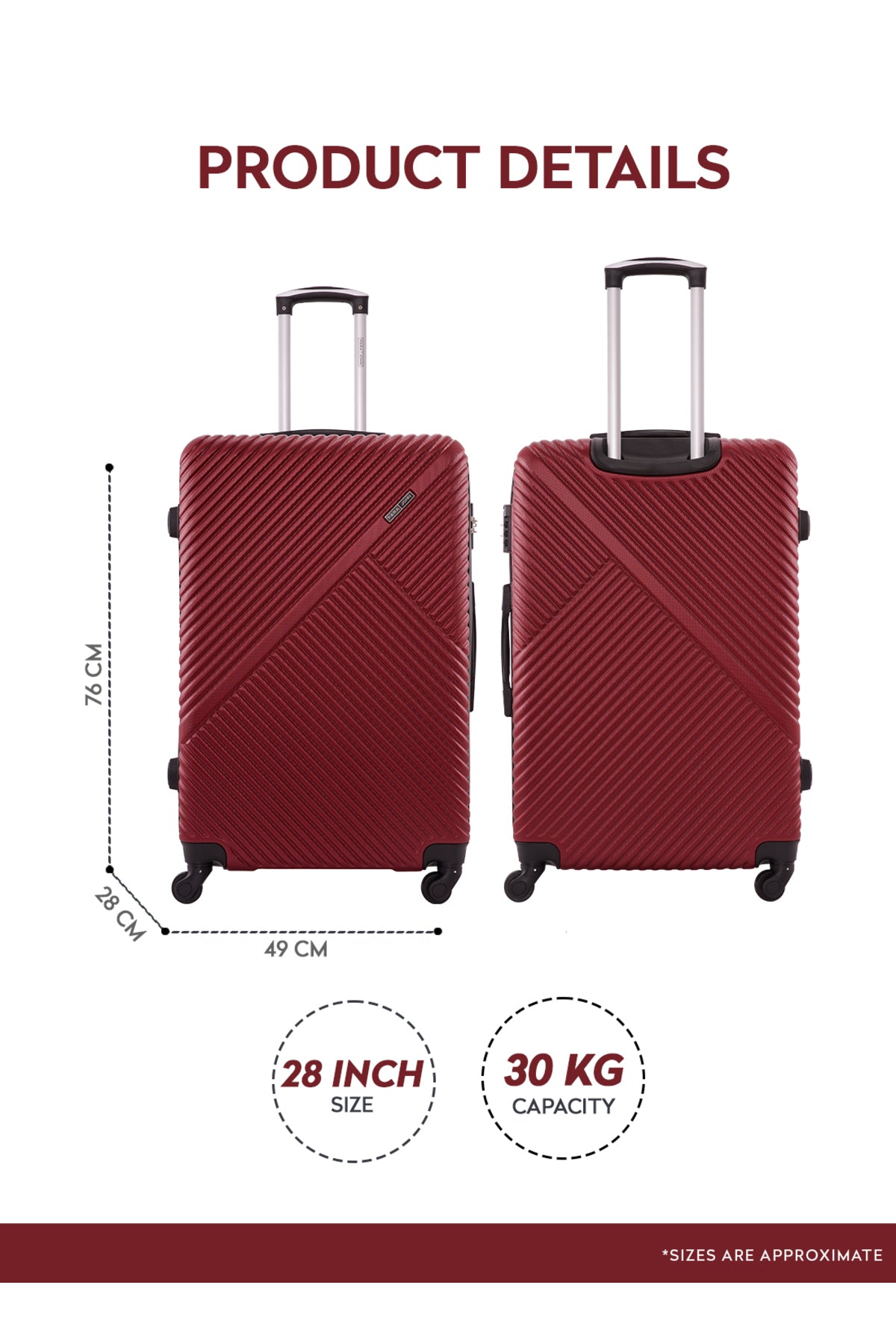 Aura Large ABS Checked-In Hardside Luggage – Lightweight 30kg, 4-Wheel Spinner, 28 Inch Burgundy