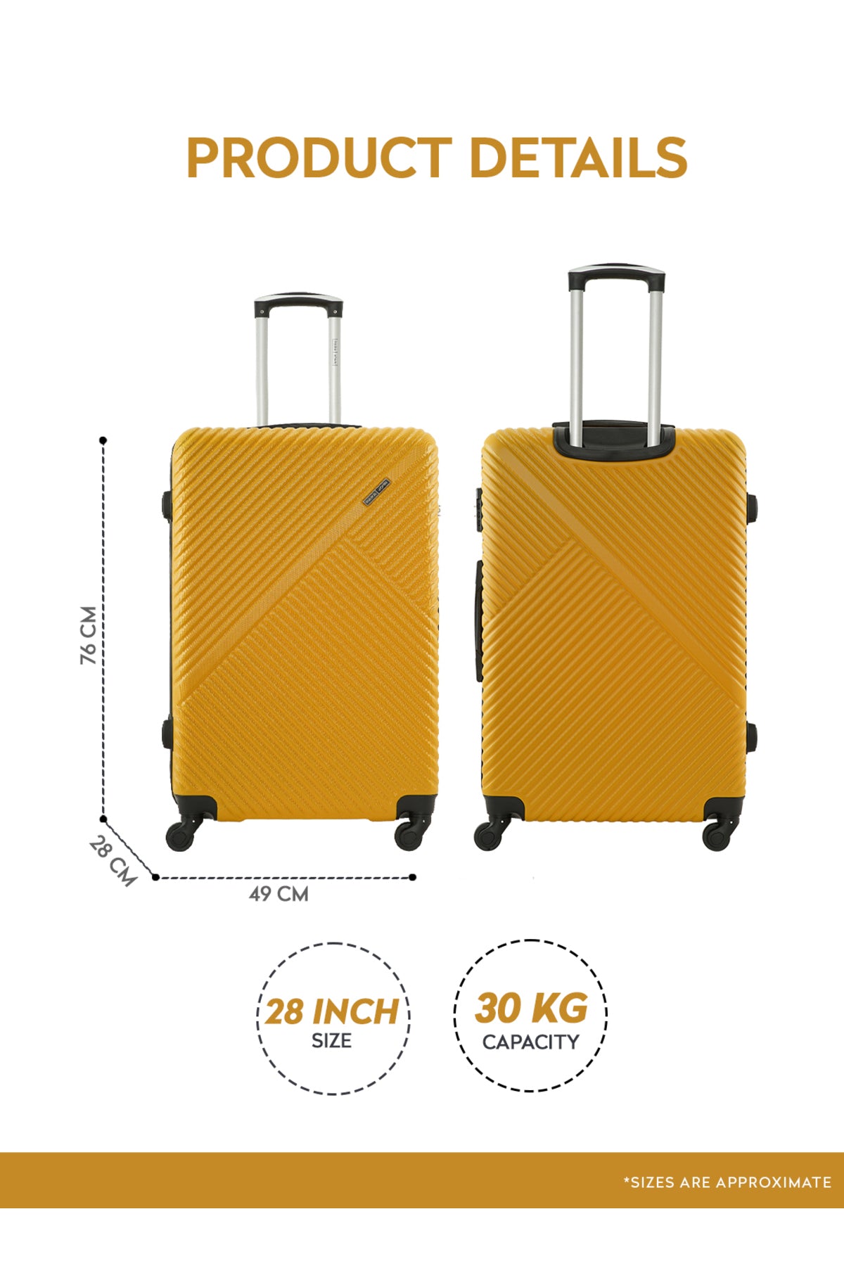 Aura Large ABS Checked-In Hardside Luggage – Lightweight 30kg, 4-Wheel Spinner, 28 Inch Yellow