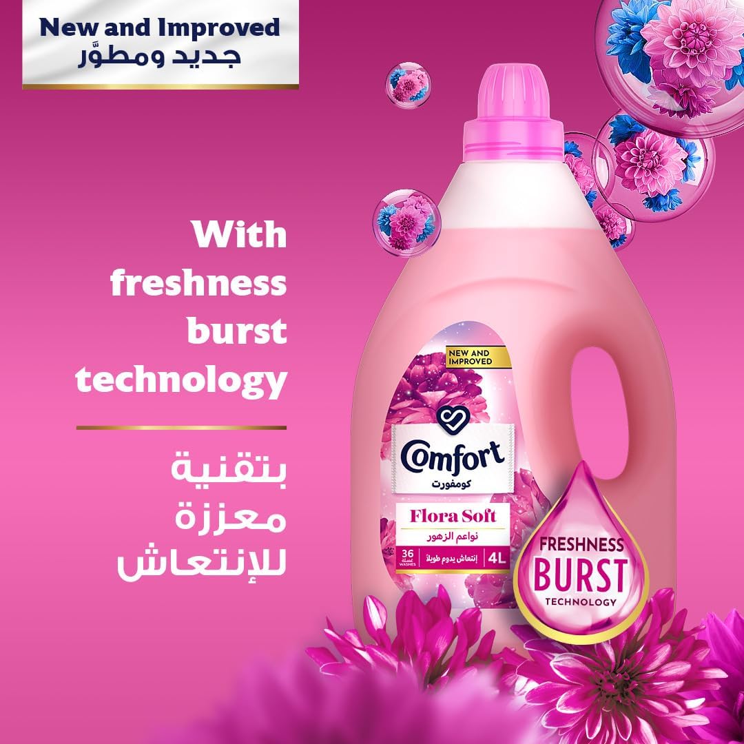 COMFORT Fabric Softener, Flora Soft, with freshness-burst technology for longer lasting fragrance & soft clothes, 4L x 2