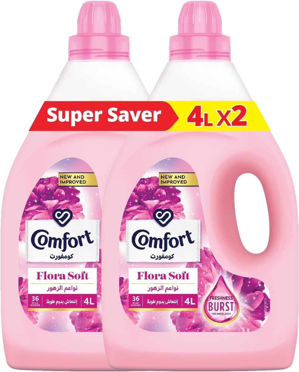 COMFORT Fabric Softener, Flora Soft, with freshness-burst technology for longer lasting fragrance & soft clothes, 4L x 2