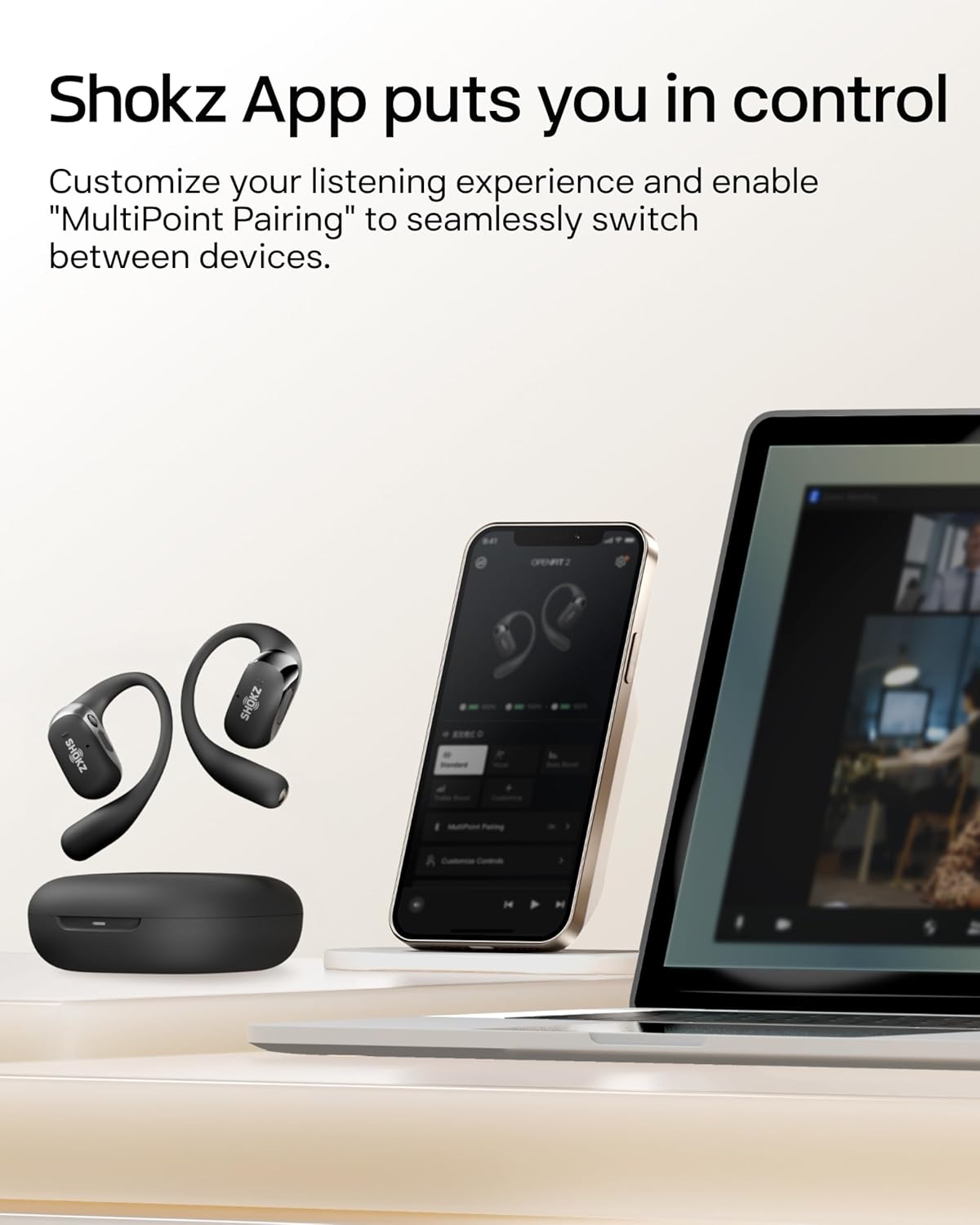 SHOKZ OpenFit 2 Open-Ear Headphones, True Wireless Bluetooth Earphones with Microphone, Earhook Earbuds with 48 Hours of Playtime, USB-C Fast Charging, IP55 Water-Resistant, with Carrying bag, Black