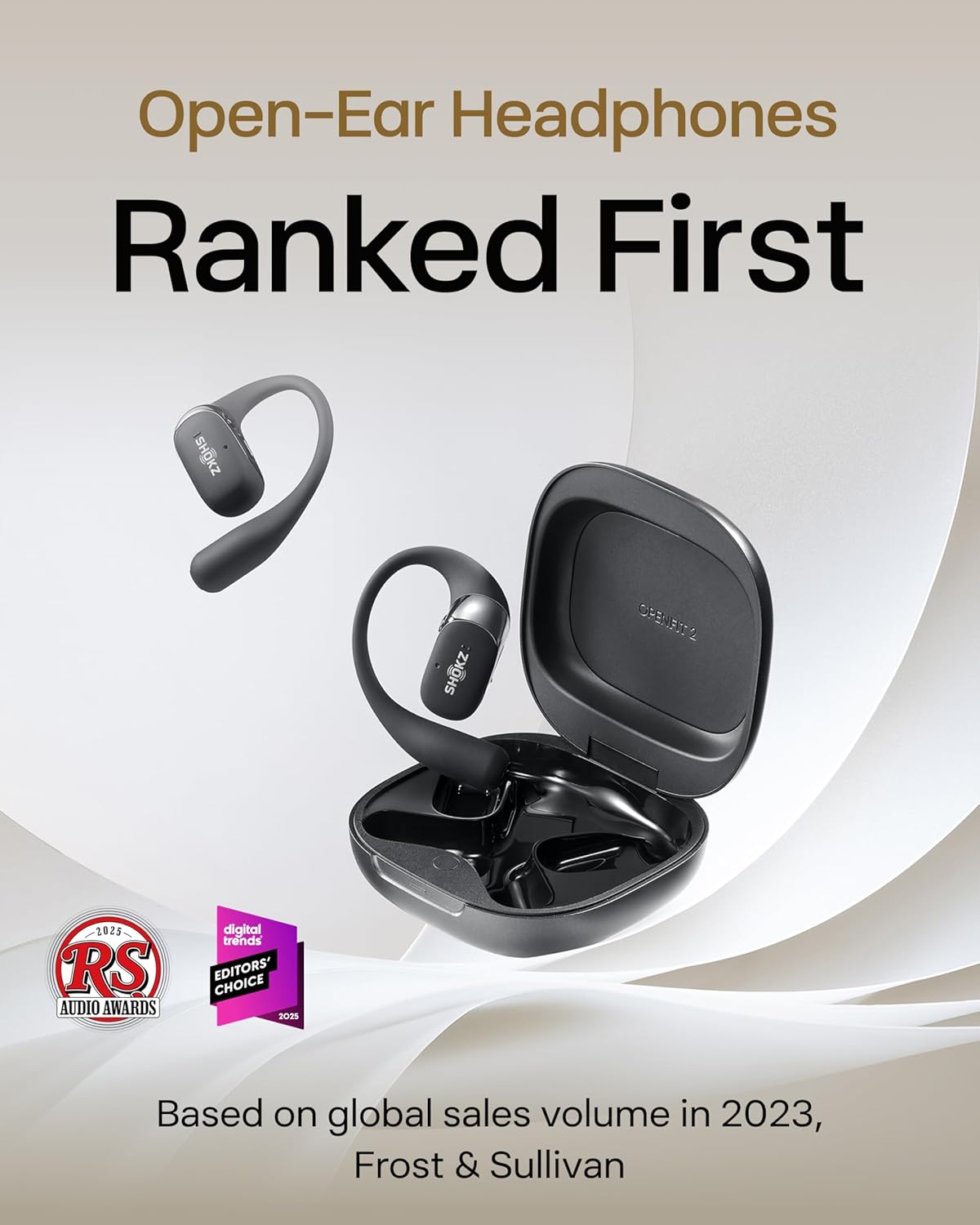 SHOKZ OpenFit 2 Open-Ear Headphones, True Wireless Bluetooth Earphones with Microphone, Earhook Earbuds with 48 Hours of Playtime, USB-C Fast Charging, IP55 Water-Resistant, with Carrying bag, Black