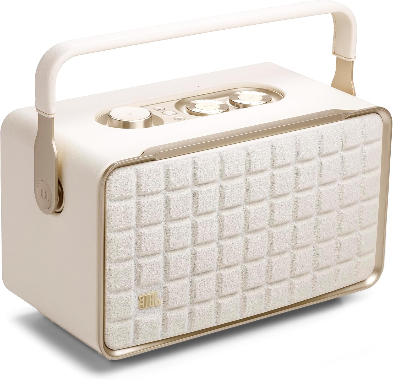JBL Authentics 300 - Retro Style Wireless Bluetooth/WiFi Home Speaker, Built in Battery (4800mAh), Music Streaming Services via Built-in Wi-Fi, Built in Alexa and Google Assistant (White/Gold)
