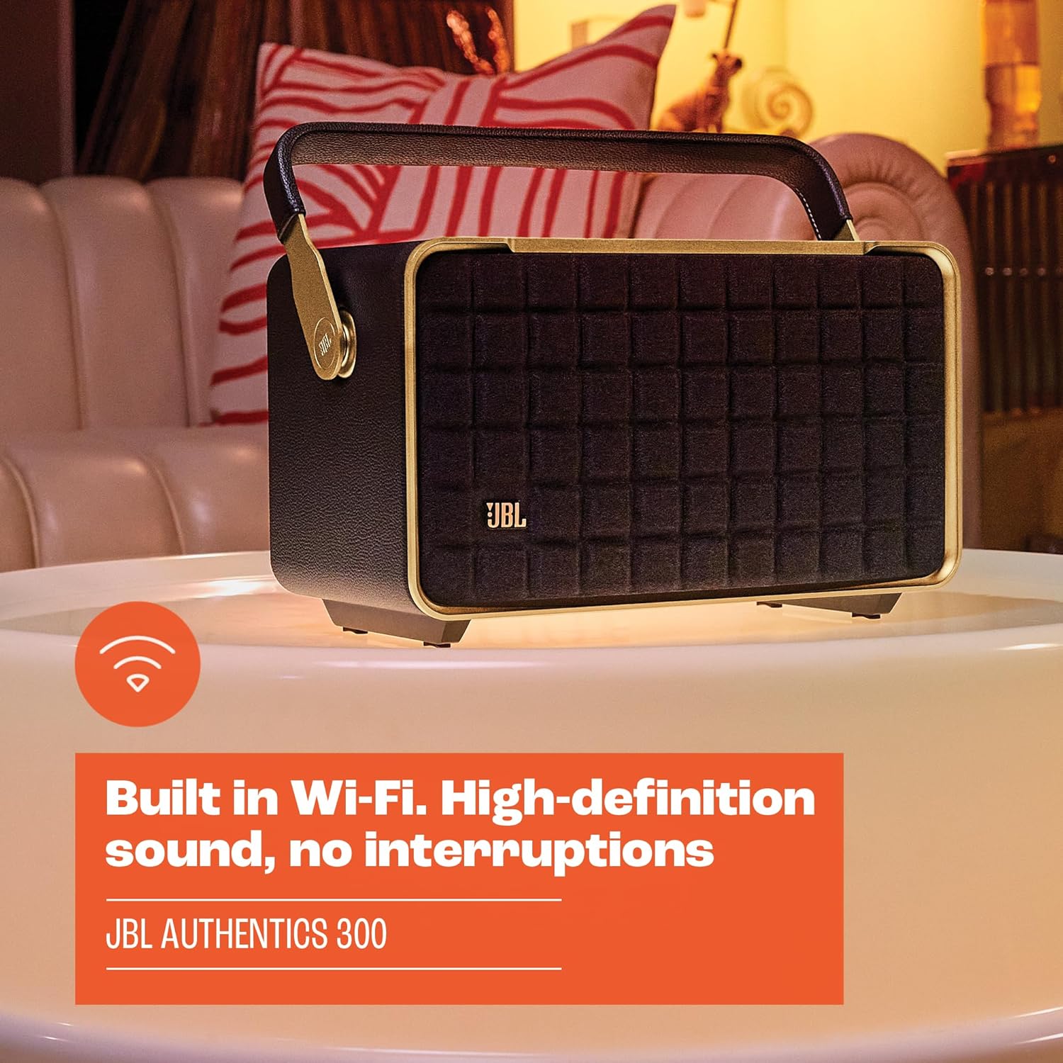 JBL Authentics 300 - Retro Style Wireless Bluetooth/WiFi Home Speaker, Built in Battery (4800mAh), Music Streaming Services via Built-in Wi-Fi, Built in Alexa and Google Assistant (White/Gold)