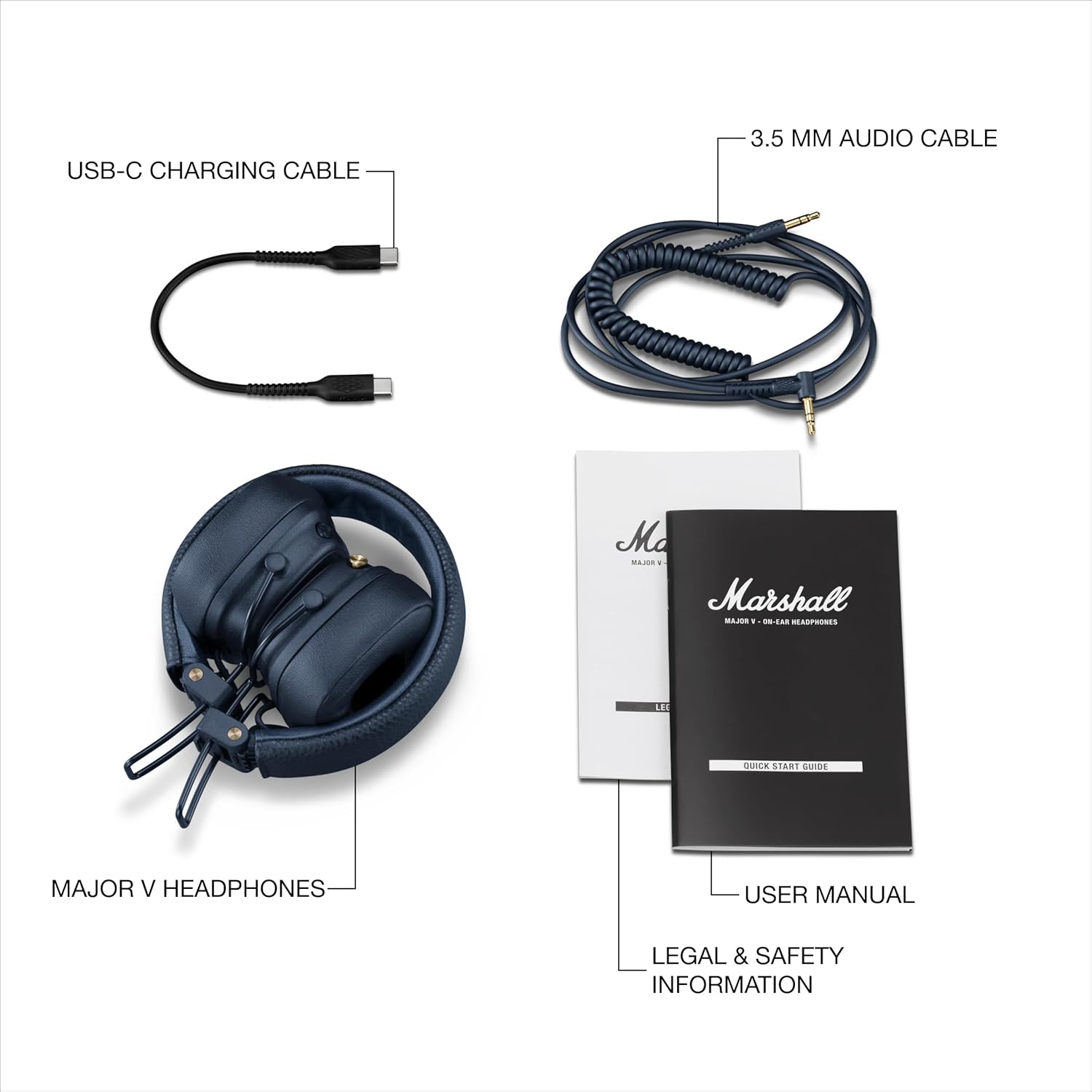 Marshall Major V Bluetooth Headphones - Foldable Bluetooth Wireless Headphones Bluetooth with 100+ Hours of Playtime (Midnight Blue)