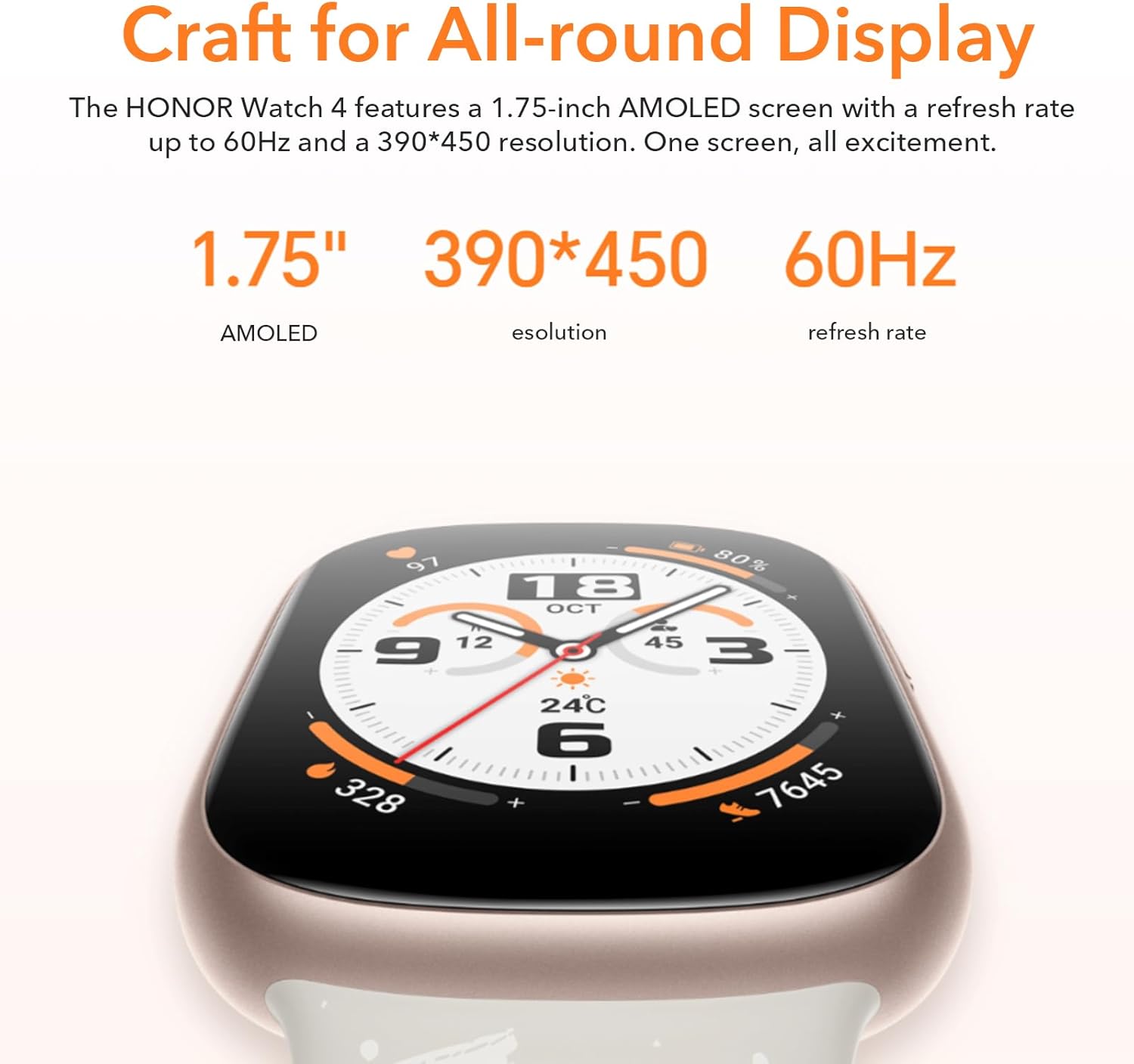 HONOR WATCH 4 SmartWatch, Bluetooth Calling, 1.75 inch AMOLED, GPS, 14 Days Standy, Spo2, Heart Rate and Stress Monitor, 5ATM, Compatible with Android and iOS, White
