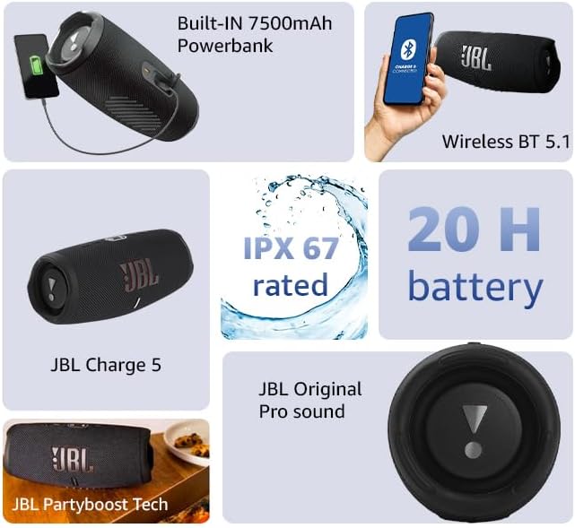 JBL Charge 5 - Portable Bluetooth Speaker with deep bass, IP67 waterproof and dustproof, 20 hours of playtime, built-in powerbank, in blue