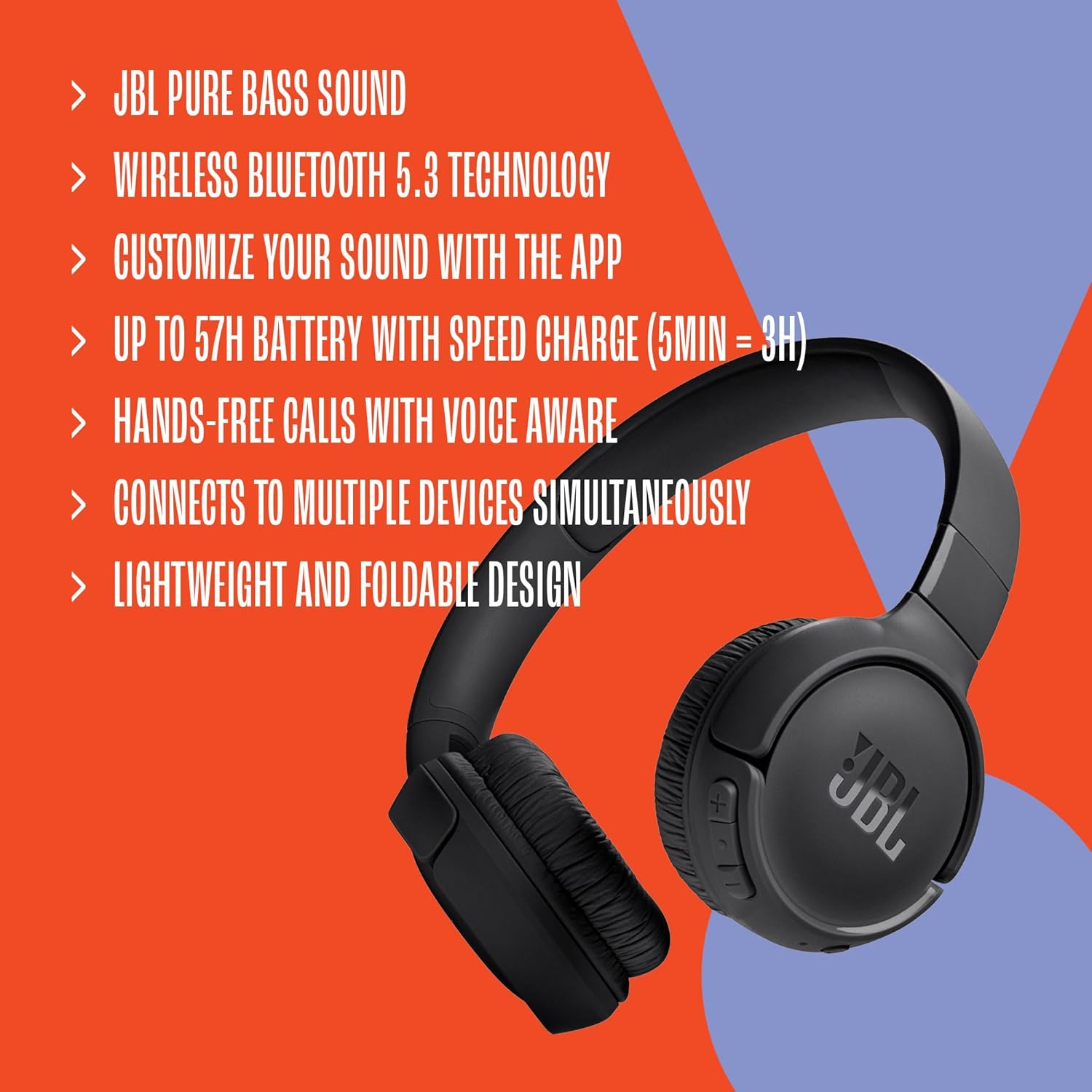 JBL Tune 520BT - Wireless On-Ear Headphones, Up to 57H battery life and speed charge, Lightweight, comfortable and foldable design, Hands-free calls with Voice Aware (Purple)