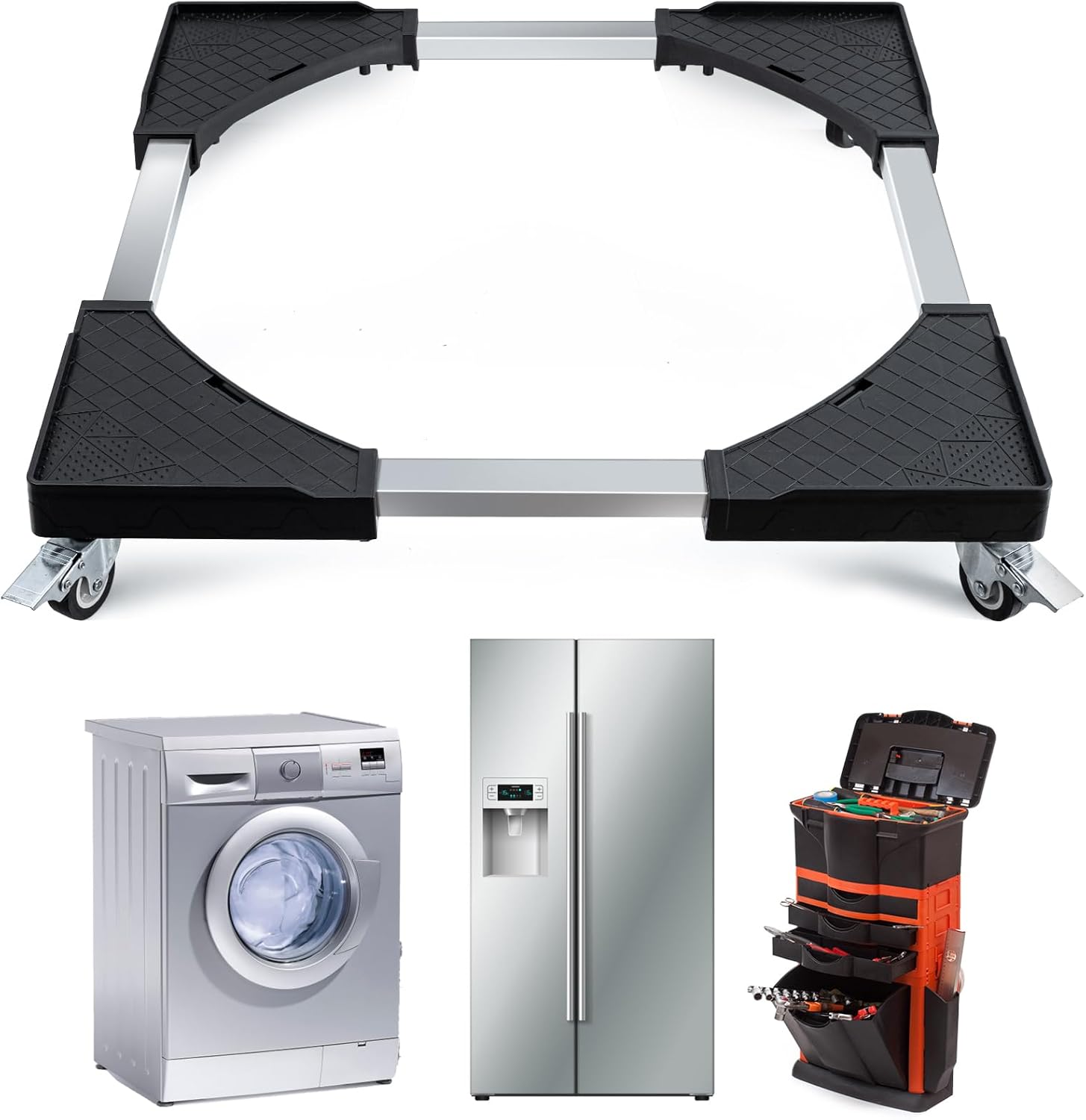 Furniture Dolly Cart Appliance Mini Fridge Stand Adjustable Washing Machine Stand Furniture Moving Roller with 2 Locking Swivel Wheels Universal Mobile Base Moving Wheel Cart for Dryer Refrigerator
