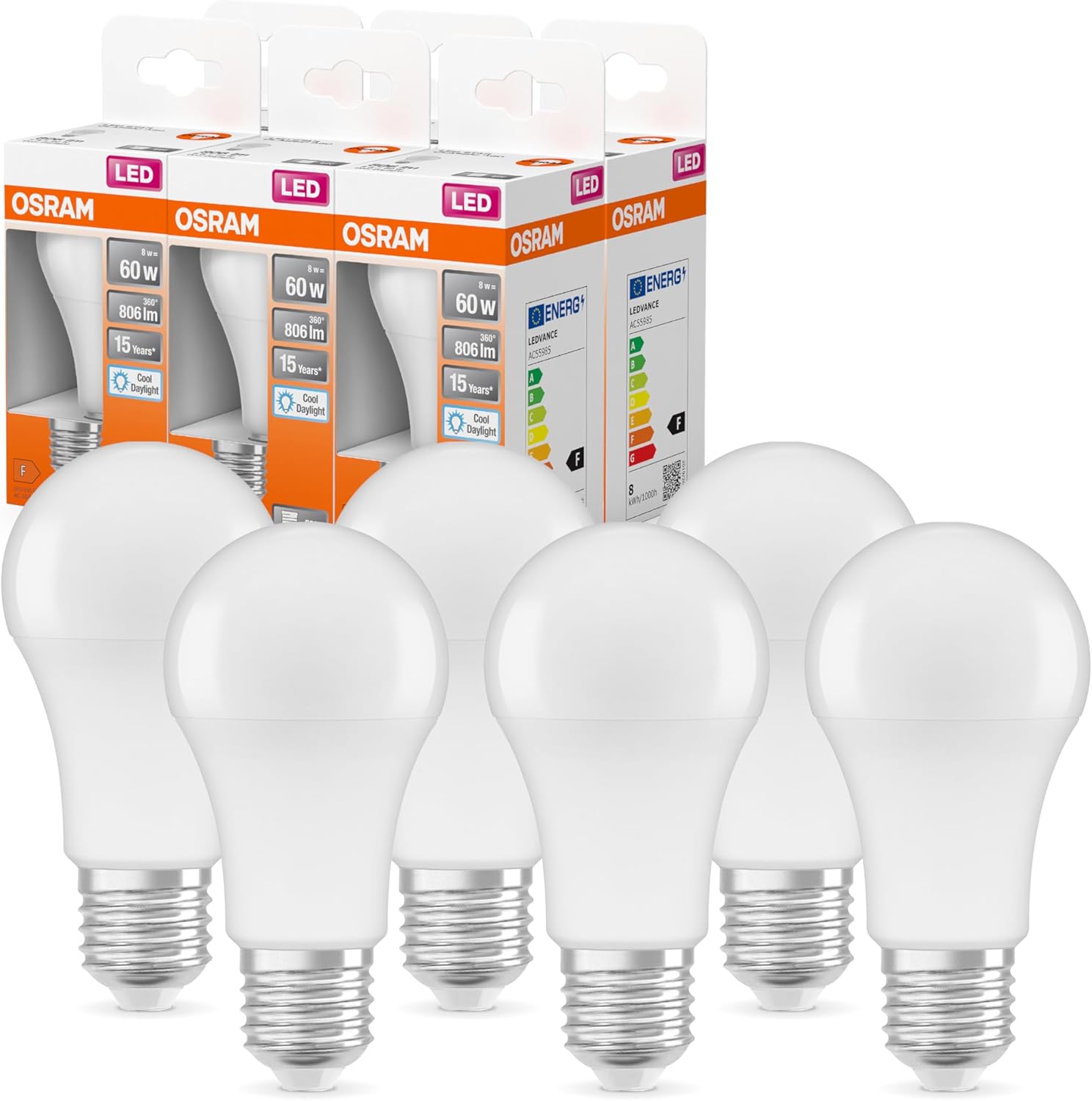 OSRAM LED lamp with E27 base, daylight (6500K), classic bulb shape, 8.5W, replacement for 60W bulb, frosted, LED Retrofit CLASSIC A, 6-pack