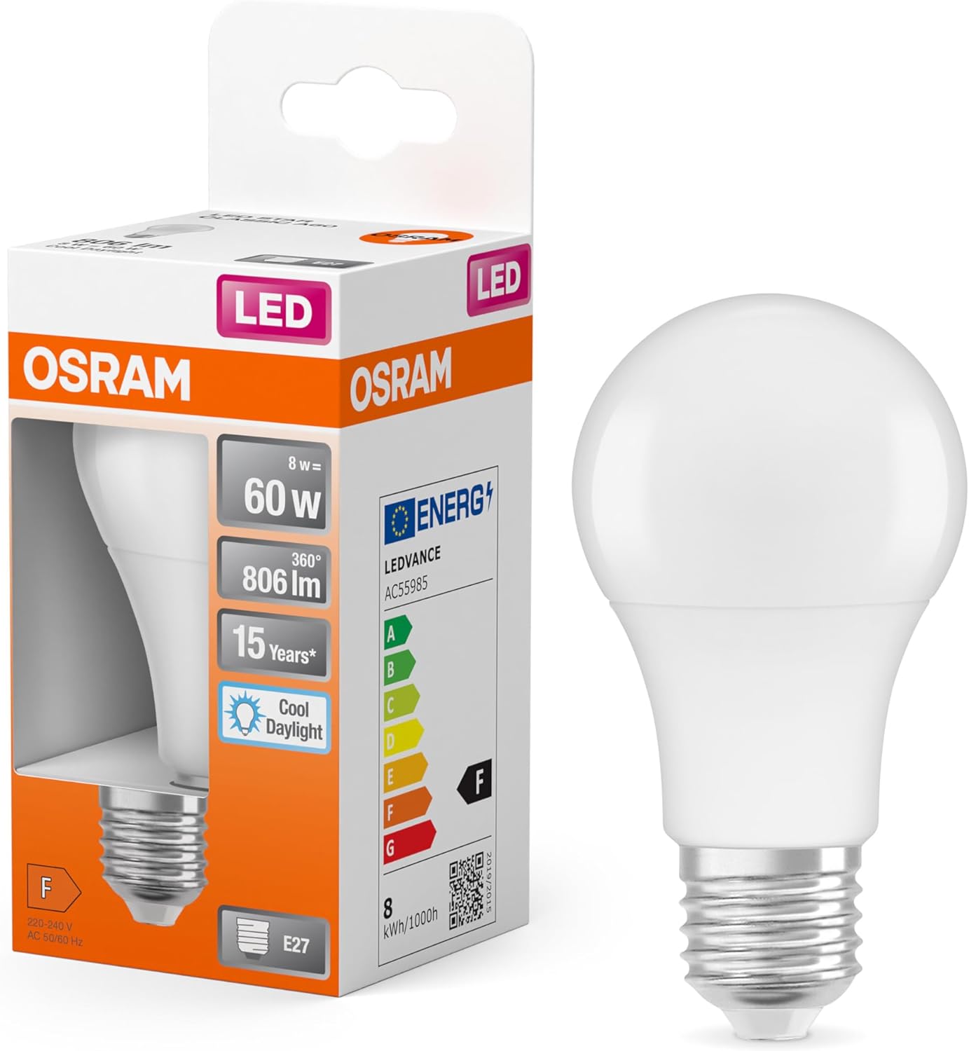 OSRAM LED lamp with E27 base, daylight (6500K), classic bulb shape, 8.5W, replacement for 60W bulb, frosted, LED Retrofit CLASSIC A, 6-pack