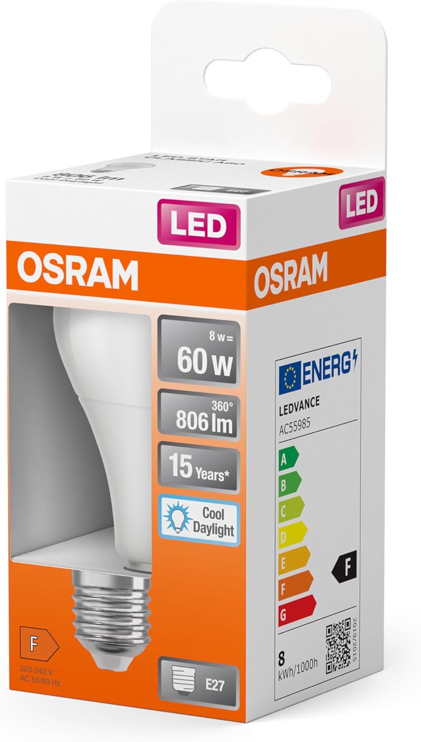 OSRAM LED lamp with E27 base, daylight (6500K), classic bulb shape, 8.5W, replacement for 60W bulb, frosted, LED Retrofit CLASSIC A, 6-pack