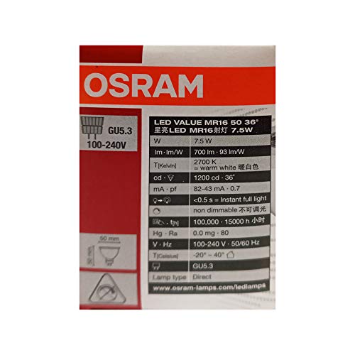 Osram LED Value MR16 50/36 7.5W/240V Light, 700lm, Warm White