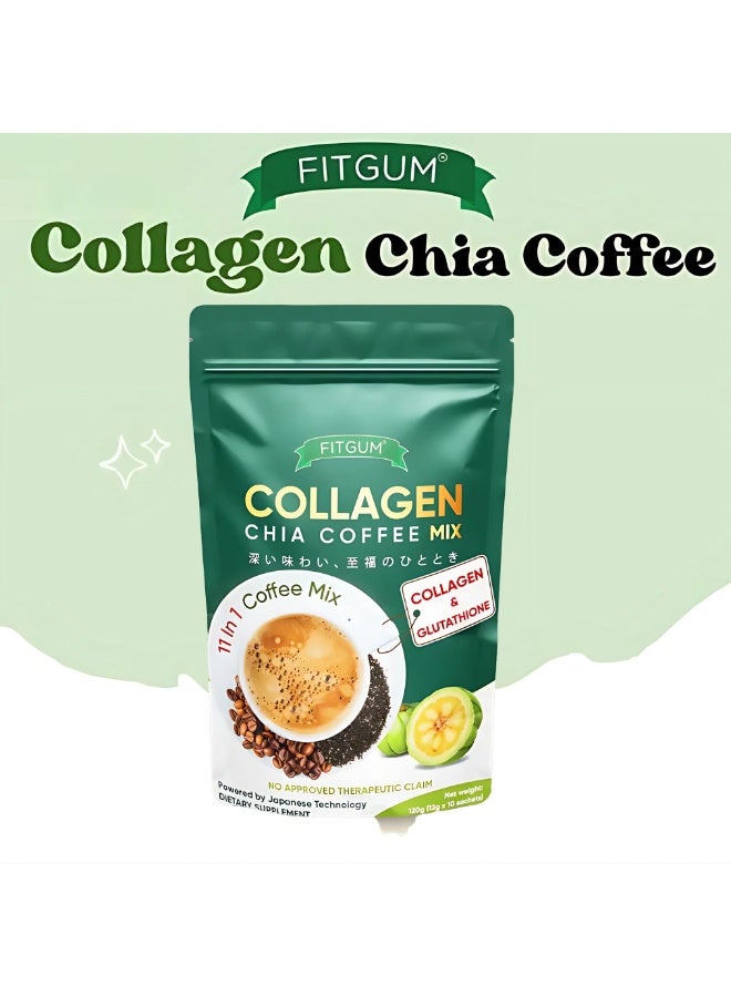 FitGum Collagen Chia Coffee Mix – 11-in-1 Coffee Blend with Glutathione, Garcinia, Goji Berry & Hyaluronic Collagen (10 Sachets)