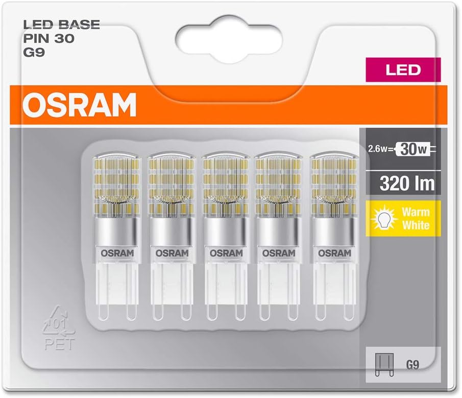 Osram LED Base Pin G9 lamp, G9, 2.60 W, Replacement for 30W, Clear, Warm White, 2700 K, Pack of 5