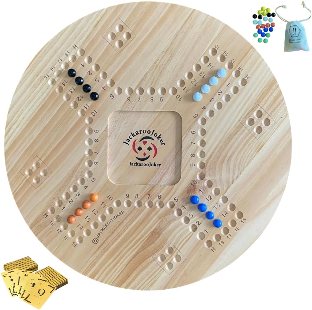 JackarooJoker Solid Pine Wooden Board Game, Double-Sided, 4-6 Players, with Marbles and Cards, Ages 10+ (With Gold Card)