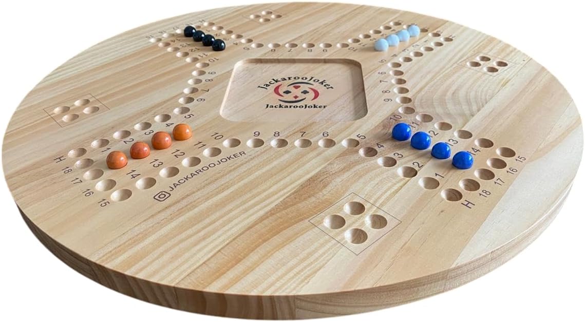 JackarooJoker Solid Pine Wooden Board Game, Double-Sided, 4-6 Players, with Marbles and Cards, Ages 10+ (With Gold Card)
