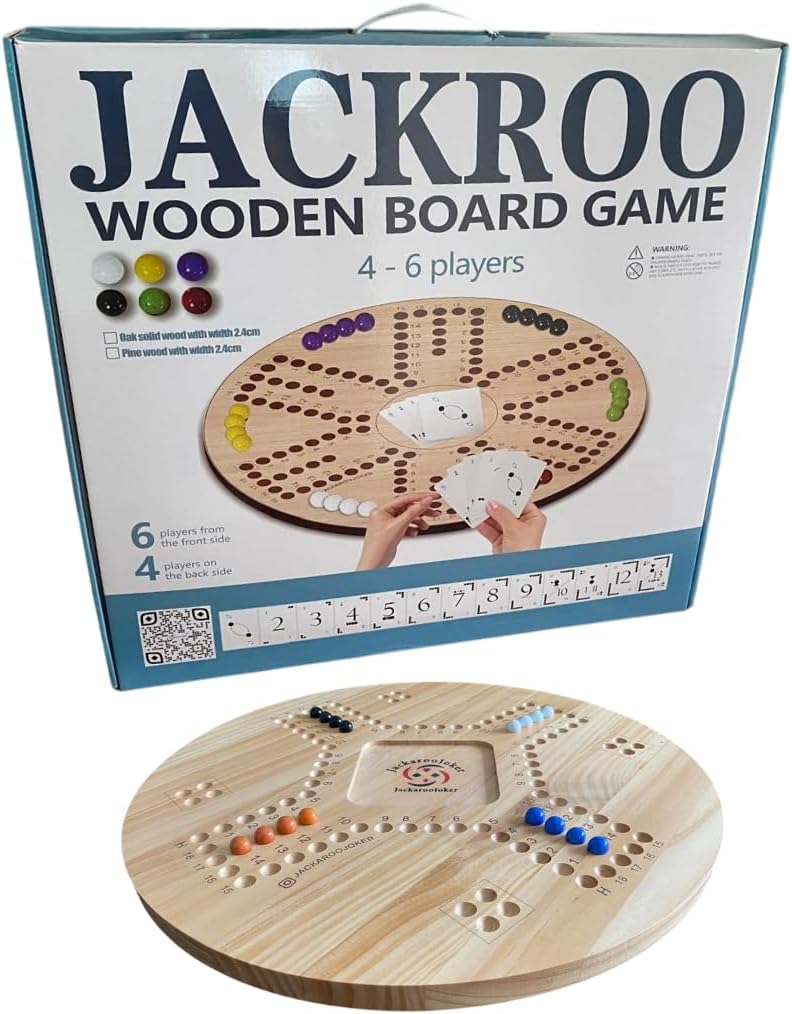 JackarooJoker Solid Pine Wooden Board Game, Double-Sided, 4-6 Players, with Marbles and Cards, Ages 10+ (With Gold Card)