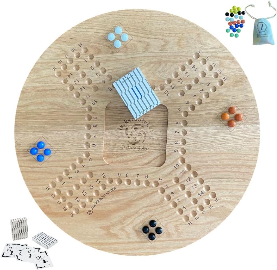 Solid OAK Wood Jacaroo Double Sided Board Game For 4 And 6 Players, Two sides jakaroo with Glass Marbles, Playing Cards and Carry Bag 4 Players