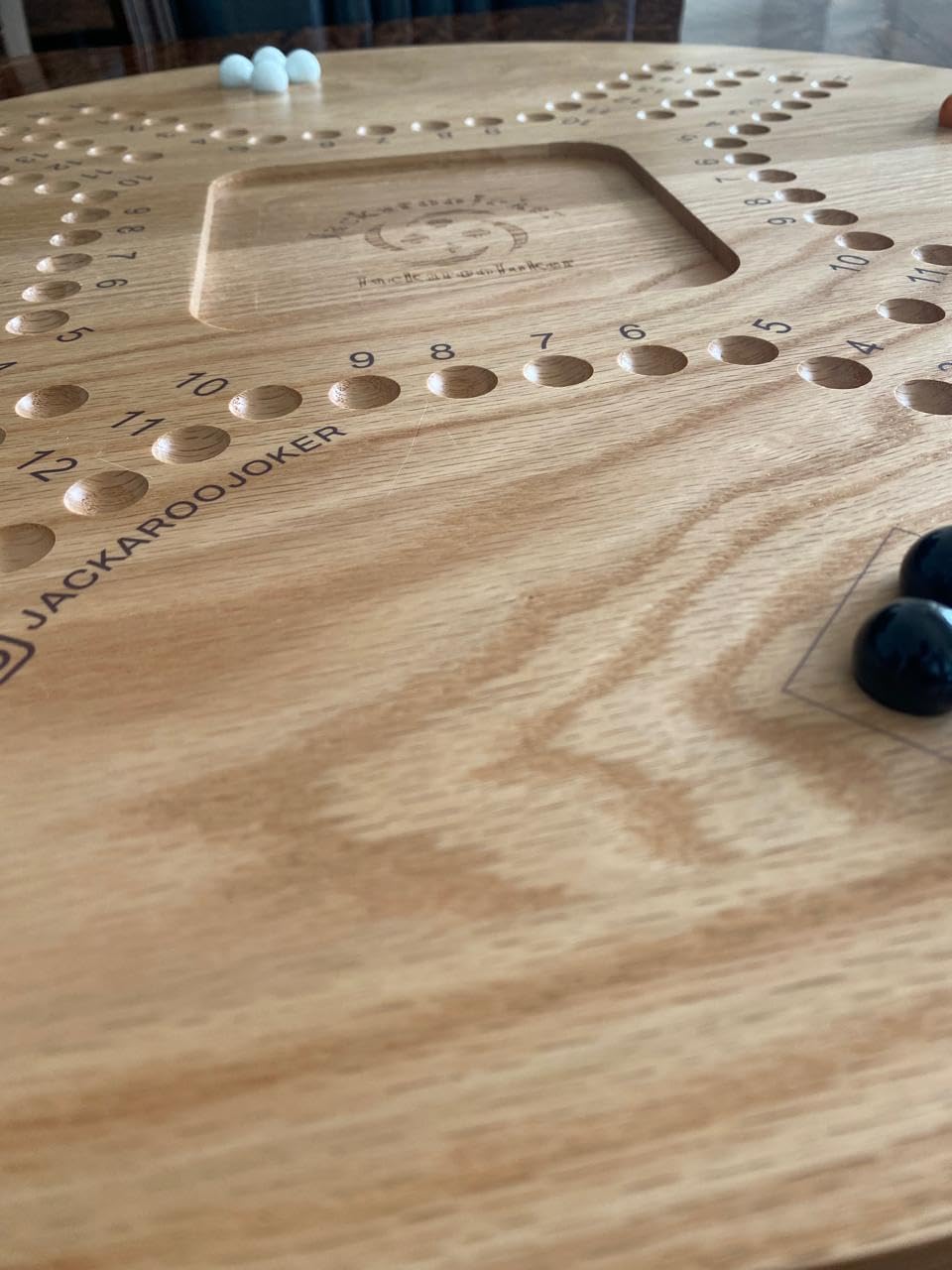 Solid OAK Wood Jacaroo Double Sided Board Game For 4 And 6 Players, Two sides jakaroo with Glass Marbles, Playing Cards and Carry Bag 4 Players