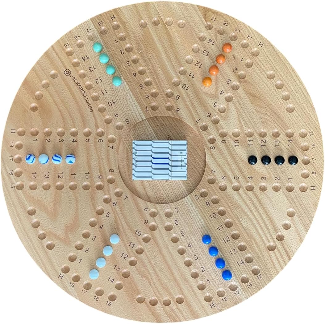 Solid OAK Wood Jacaroo Double Sided Board Game For 4 And 6 Players, Two sides jakaroo with Glass Marbles, Playing Cards and Carry Bag 4 Players