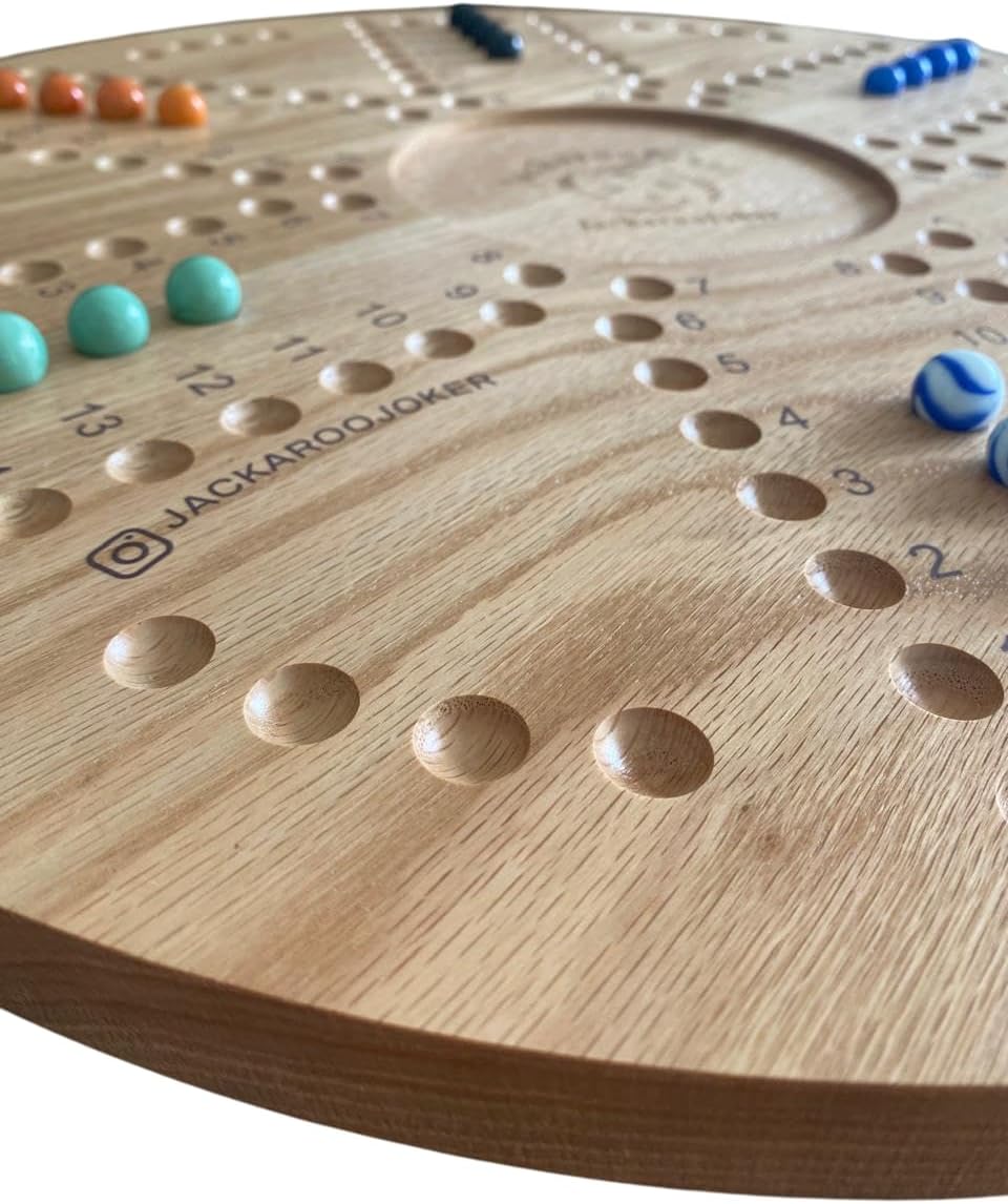 Solid OAK Wood Jacaroo Double Sided Board Game For 4 And 6 Players, Two sides jakaroo with Glass Marbles, Playing Cards and Carry Bag 4 Players
