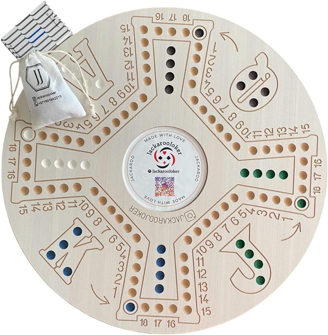 JackarooJoker Jakaro Wooden Board Game Set, Double-Sided 51x51cm Board with Glass Marbles, 4-6 Players, Storage Bag, Cards for Adults