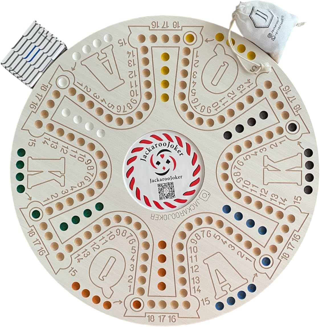 JackarooJoker Jakaro Wooden Board Game Set, Double-Sided 51x51cm Board with Glass Marbles, 4-6 Players, Storage Bag, Cards for Adults
