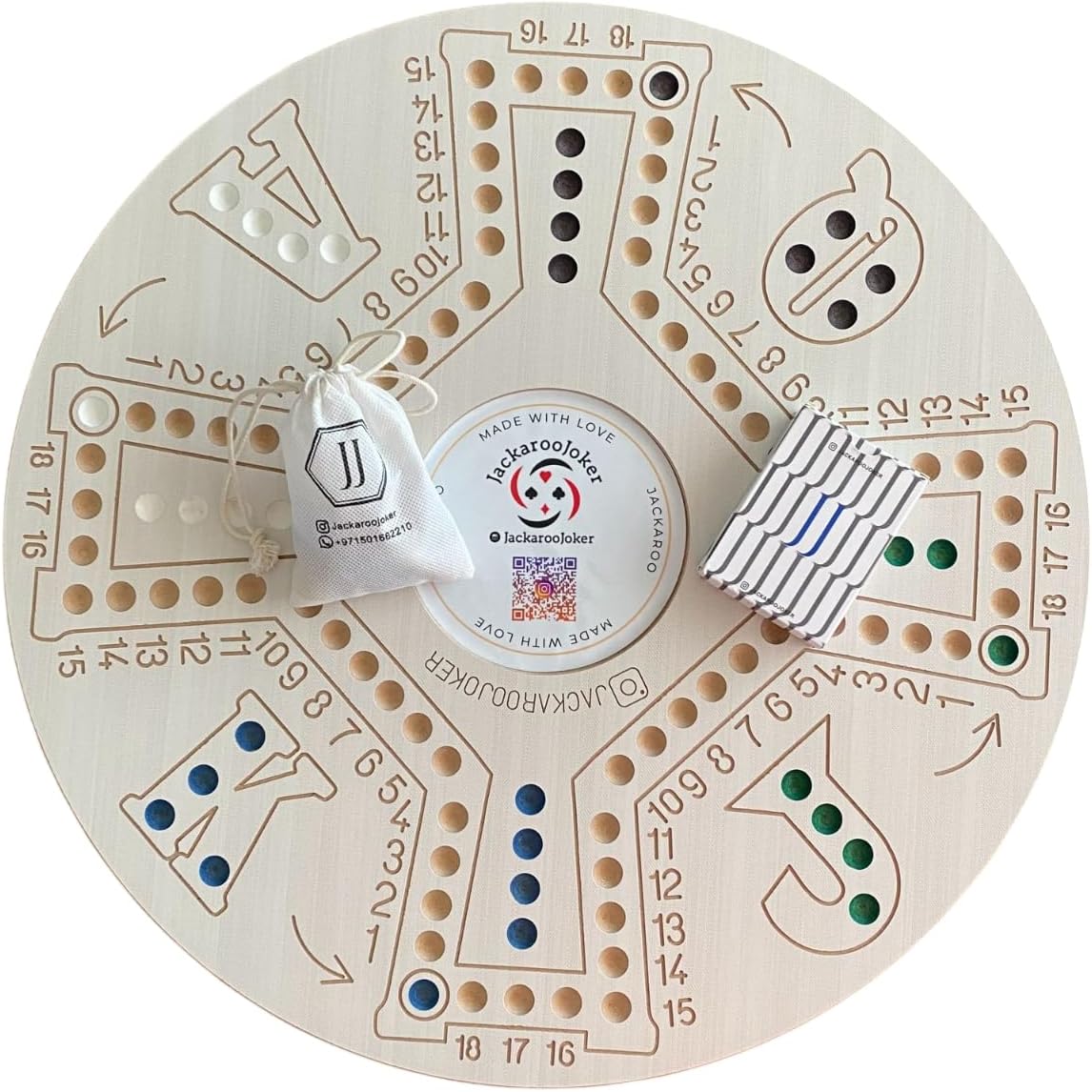 JackarooJoker Jakaro Wooden Board Game Set, Double-Sided 51x51cm Board with Glass Marbles, 4-6 Players, Storage Bag, Cards for Adults