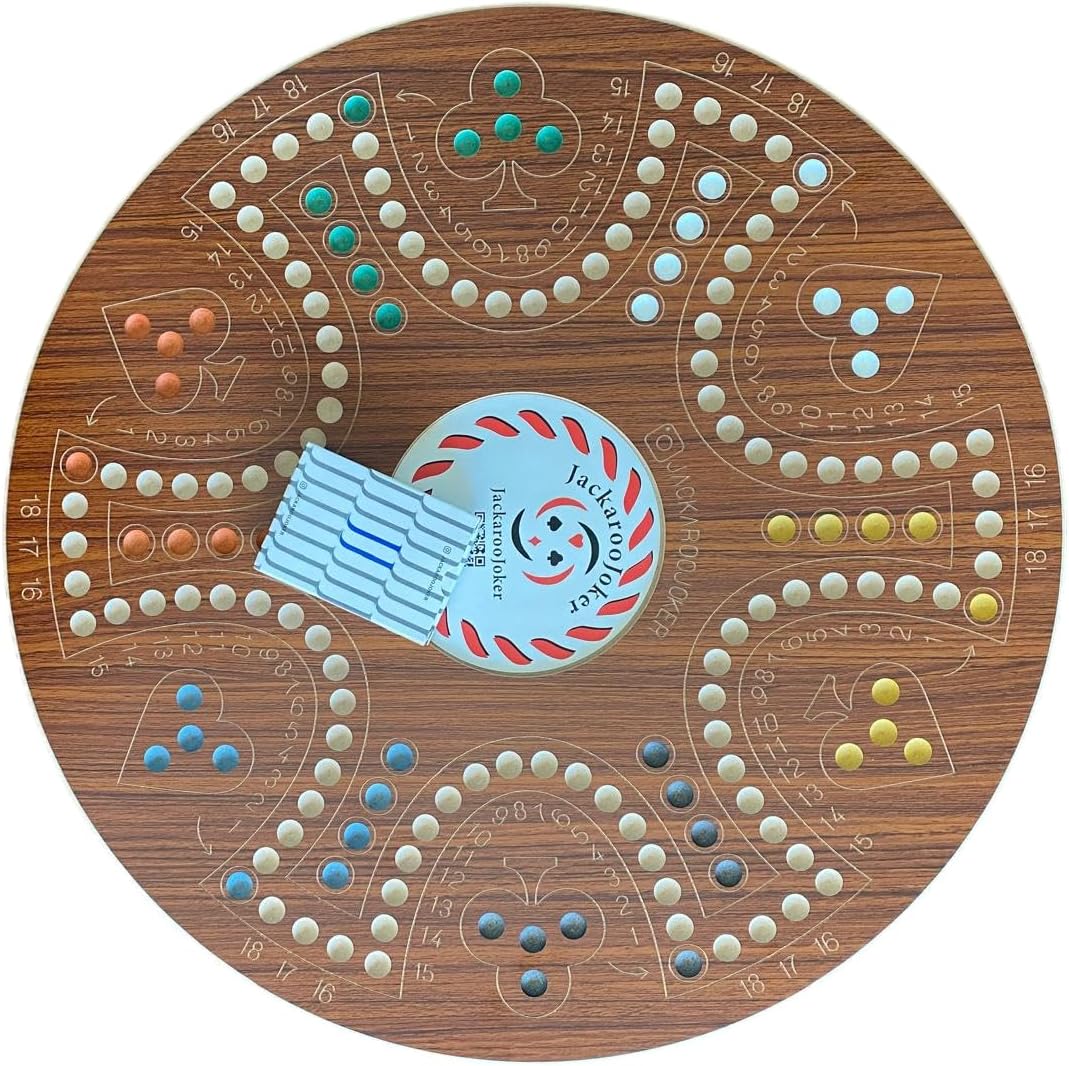 JackarooJoker Wooden Board Game Jakaroo Game for 4-6 Players Brown with Plastic Cards and Marbles